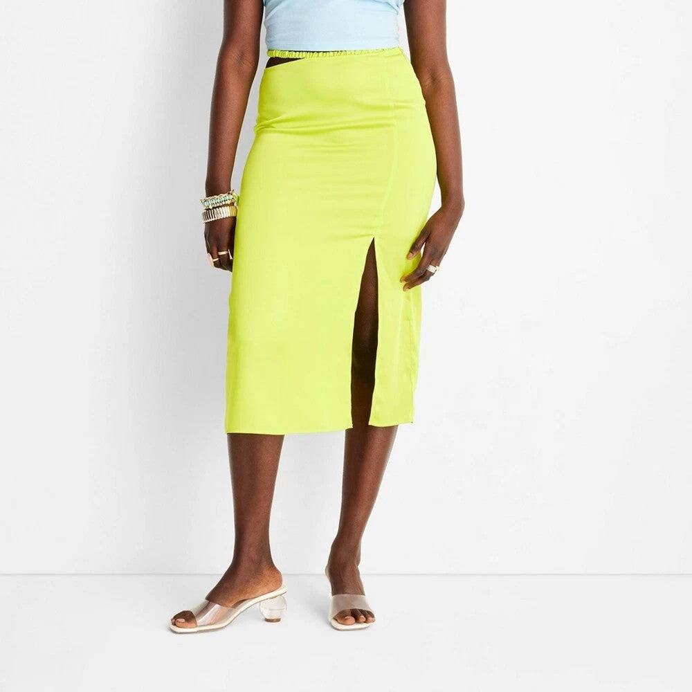 Future Collective Anani Noelle Neon Green Women's Size 10 Side Slit Midi Skirt